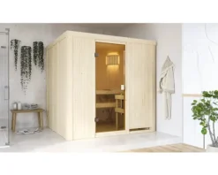 Elementsauna Karibu Tromsö ohne Ofen und Dachkranz mit bronzierter Ganzglastüre