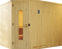 Elementsauna Weka Varberg Eck HT inkl. 7,5 kW Bio Ofen u.digitaler Steuerung ohne Fenster mit Holztüre mit Isolierglas wärmegedämmt