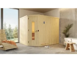Elementsauna Weka Varberg Eck HT inkl. 7,5 kW Bio Ofen u.digitaler Steuerung ohne Fenster mit Holztüre mit Isolierglas wärmegedämmt