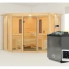 Elementsauna Karibu Astaria inkl. 9 kW Bio Ofen u.ext.Steuerung mit Dachkraz und bronzierter Ganzglastüre