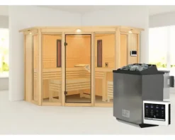 Elementsauna Karibu Astaria inkl. 9 kW Bio Ofen u.ext.Steuerung mit Dachkraz und bronzierter Ganzglastüre