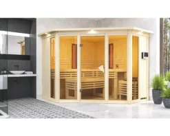 Elementsauna Karibu Astaria inkl. 9 kW Bio Ofen u.ext.Steuerung mit Dachkraz und bronzierter Ganzglastüre