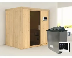 Elementsauna Karibu Bodina inkl. 9 kW Ofen u.ext.Steuerung ohne Dachkranz mit graphitfarbeneer Ganzglastüre