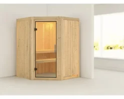 Elementsauna Karibu Callinan ohne Ofen ohne Dachkranz mit Ganzglastüre aus Klarglas