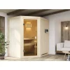 Elementsauna Karibu Faurin inkl. 9 kW Ofen u.ext.Steuerung ohne Dachkranz mit bronzierter Ganzglastüre