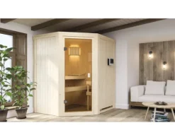 Elementsauna Karibu Faurin inkl. 9 kW Ofen u.ext.Steuerung ohne Dachkranz mit bronzierter Ganzglastüre