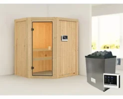 Elementsauna Karibu Faurin inkl. 9 kW Ofen u.ext.Steuerung ohne Dachkranz mit bronzierter Ganzglastüre