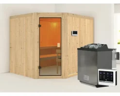 Elementsauna Karibu Horna inkl. 9 kW Bio Ofen ext.Steuerung ohne Dachkranz mit bronzierter Ganzglastüre