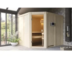 Elementsauna Karibu Horna inkl. 9 kW Bio Ofen ext.Steuerung ohne Dachkranz mit bronzierter Ganzglastüre