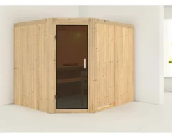 Elementsauna Karibu Malina ohne Ofen und Dachkranz mit graphitfarbiger Ganzglastüre