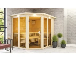 Elementsauna Karibu Mandos 3 inkl. 9 kW Bio Ofen u.ext.Steuerung mit Dachkranz und bronzierter Ganzglastüre