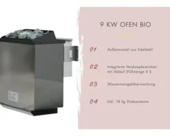 Elementsauna Karibu Mandos 3 inkl. 9 kW Bio Ofen u.ext.Steuerung mit Dachkranz und bronzierter Ganzglastüre
