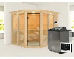 Elementsauna Karibu Mandos 3 inkl. 9 kW Bio Ofen u.ext.Steuerung mit Dachkranz und bronzierter Ganzglastüre