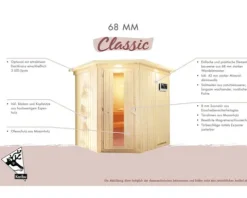 Elementsauna Karibu Mariado ohne Ofen und Dachkranz mit Ganzglastüre aus Klarglas