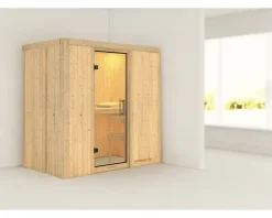 Elementsauna Karibu Mariado ohne Ofen und Dachkranz mit Ganzglastüre aus Klarglas