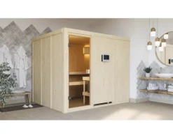 Elementsauna Karibu Nybro inkl. 9 kW Ofen u.ext.Steuerung ohne Dachkranz mit bronzierter Ganzglastüre