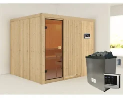 Elementsauna Karibu Nybro inkl. 9 kW Ofen u.ext.Steuerung ohne Dachkranz mit bronzierter Ganzglastüre