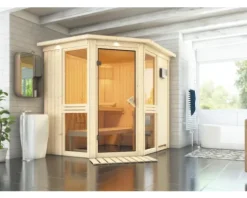 Elementsauna Karibu Omelia 1 inkl. 9 kW Bio Ofen u.ext.Steuerung mit Dachkranz und bronzierter Ganzglastüre