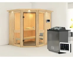 Elementsauna Karibu Omelia 1 inkl. 9 kW Bio Ofen u.ext.Steuerung mit Dachkranz und bronzierter Ganzglastüre
