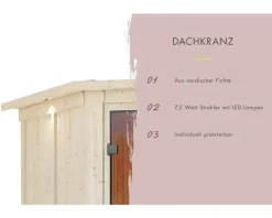 Elementsauna Karibu Omelia 1 inkl. 9 kW Bio Ofen u.ext.Steuerung mit Dachkranz und bronzierter Ganzglastüre