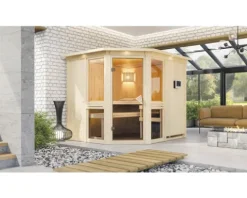 Elementsauna Karibu Omelia 3 inkl. 9 kW Ofen u.ext.Steuerung mit Dachkranz und bronzierter Ganzglastüre