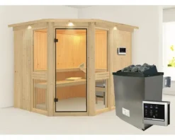 Elementsauna Karibu Omelia 3 inkl. 9 kW Ofen u.ext.Steuerung mit Dachkranz und bronzierter Ganzglastüre