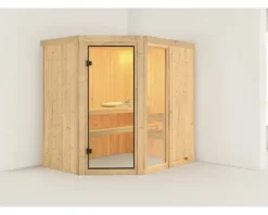 Elementsauna Karibu Siona 1 ohne Ofen und Dachkranz mit bronzierter Ganzglastüre