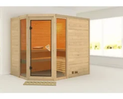 Elementsauna Karibu Tinai 3 ohne Ofen und Dachkranz mit bronzierter Ganzglastüre