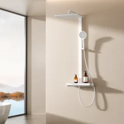 EMKE Duschsäule inkl. Thermostat, Duschpaneel mit armatur, Regenduschesche 36 cm, Handbrause mit 4 Strahlarten, Weiß