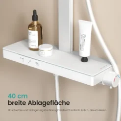 EMKE Duschsäule inkl. Thermostat, Duschpaneel mit armatur, Regenduschesche 36 cm, Handbrause mit 4 Strahlarten, Weiß