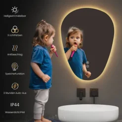 EMKE asymmetrischer LED-Spiegel 50x70 cm 3 dimmbare Lichtfarben beschlagfrei