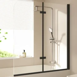 EMKE Badewannenaufsatz 120 x 140 cm 2-teilig Duschwand für Badewanne Faltbare mit Nano-Beschichtung 6mm ESG Glas Schwarz