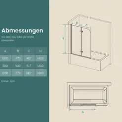 EMKE Badewannenaufsatz Schwarz 100 x 140 cm 2-teilig Duschwand für Badewanne Faltbare mit Nano-Beschichtung 6mm ESG Glas