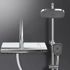 EMKE Duschpaneel mit Thermostat, Duschset mit armatur, Kopfbrause Ø 26 cm, Badewannenauslauf, Kupfer, Chrom
