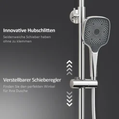 EMKE Duschpaneel mit Thermostat, Duschset mit armatur, Kopfbrause Ø 26 cm, Badewannenauslauf, Kupfer, Chrom