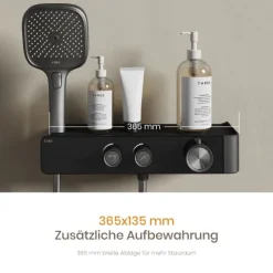 EMKE Duschset mit Thermostat 2 Ausläufen 3-Funktionen-Handbrause Unterer Auslauf Höhenverstellbarem Duschstangen-Set Eckig Anthrazit