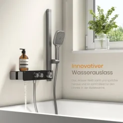 EMKE Duschset mit Thermostat 2 Ausläufen 3-Funktionen-Handbrause Unterer Auslauf Höhenverstellbarem Duschstangen-Set Eckig Anthrazit