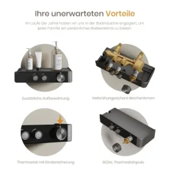 EMKE Duschset mit Thermostat 2 Ausläufen 3-Funktionen-Handbrause Unterer Auslauf Höhenverstellbarem Duschstangen-Set Eckig Anthrazit