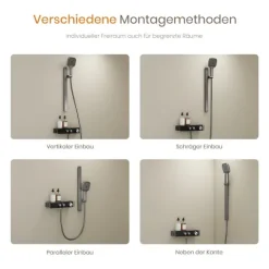 EMKE Duschset mit Thermostat 2 Ausläufen 3-Funktionen-Handbrause Unterer Auslauf Höhenverstellbarem Duschstangen-Set Eckig Anthrazit