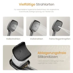 EMKE Duschset mit Thermostat 2 Ausläufen 3-Funktionen-Handbrause Unterer Auslauf Höhenverstellbarem Duschstangen-Set Eckig Anthrazit