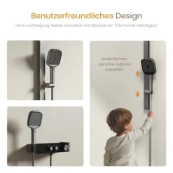 EMKE Duschset mit Thermostat 2 Ausläufen 3-Funktionen-Handbrause Unterer Auslauf Höhenverstellbarem Duschstangen-Set Eckig Anthrazit