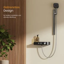 EMKE Duschset mit Thermostat 2 Ausläufen 3-Funktionen-Handbrause Unterer Auslauf Höhenverstellbarem Duschstangen-Set Eckig Anthrazit