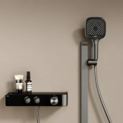 EMKE Duschset mit Thermostat 2 Ausläufen 3-Funktionen-Handbrause Unterer Auslauf Höhenverstellbarem Duschstangen-Set Eckig Anthrazit