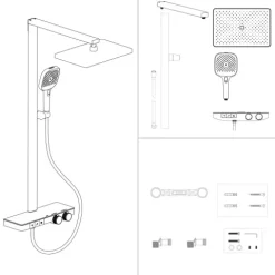 EMKE Duschsäule inkl. Thermostat mit Regenduschkopf 4 Strahlarten und Ablage Weiß Höhe 1050 mm