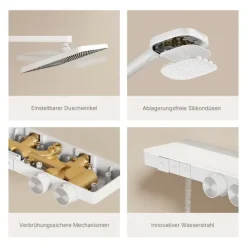 EMKE Duschsäule inkl. Thermostat mit Regenduschkopf 4 Strahlarten und Ablage Weiß Höhe 1050 mm