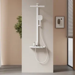 EMKE Duschsäule inkl. Thermostat mit Regenduschkopf 4 Strahlarten und Ablage Weiß Höhe 1050 mm