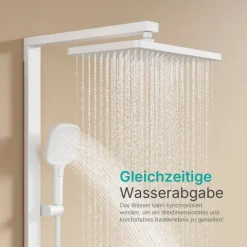 EMKE Duschsäule inkl. Thermostat mit Regenduschkopf 4 Strahlarten und Ablage Weiß Höhe 1050 mm