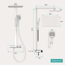 EMKE Duschsäule inkl. Thermostat mit Regenduschkopf 4 Strahlarten und Ablage Weiß Höhe 1050 mm