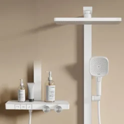 EMKE Duschsäule inkl. Thermostat mit Regenduschkopf 4 Strahlarten und Ablage Weiß Höhe 1050 mm