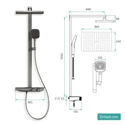 EMKE Duschsäule inkl. Thermostat mit Regenduschkopf 4 Strahlarten und Ablage Anthrazit Höhe 1050 mm
